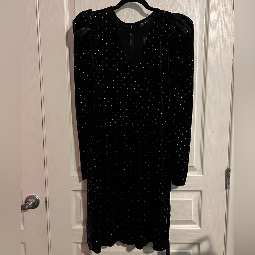 INC Black Rhinestone Belted Velour Dress